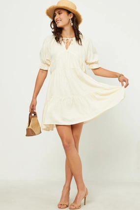 V Neck Tie Detail Cinch Sleeve Dress Chic Motion Boho Mood