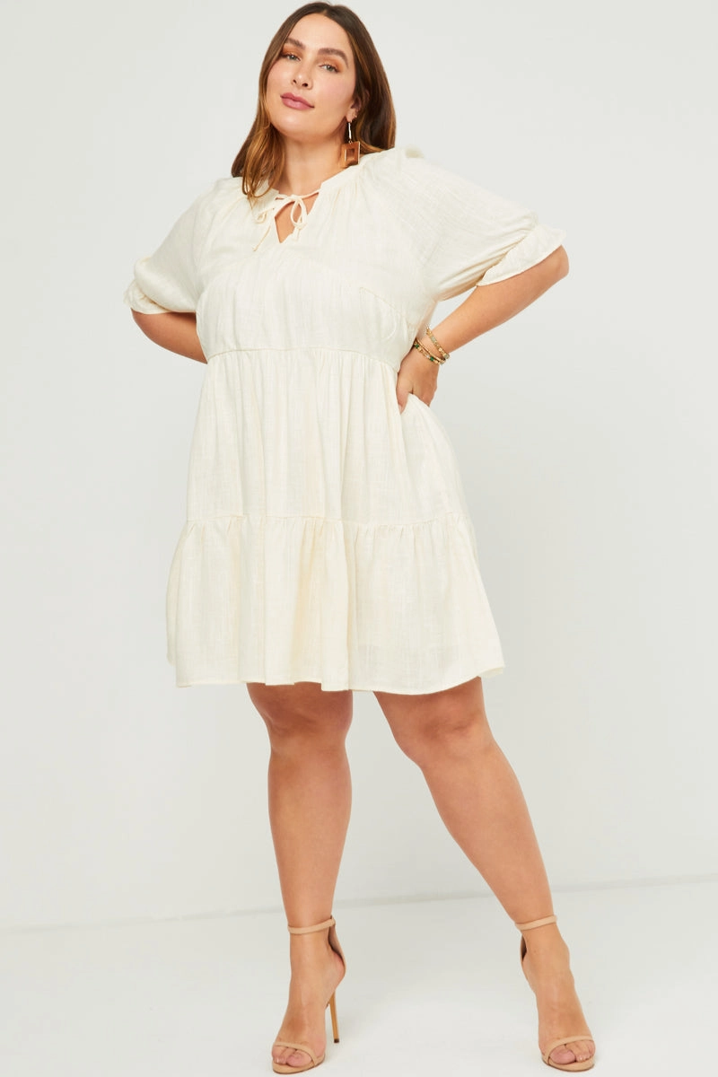 Skin Hug V Neck Tie Detail Cinch Sleeve Dress