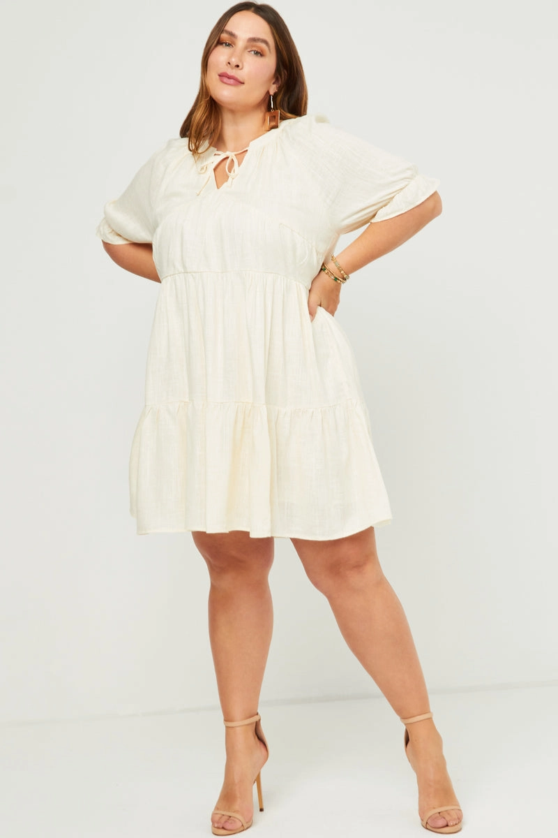 Flap-Detail V Neck Tie Detail Cinch Sleeve Dress