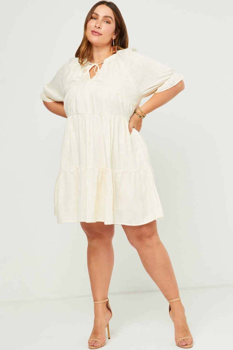 V Neck Tie Detail Cinch Sleeve Dress Body Ease