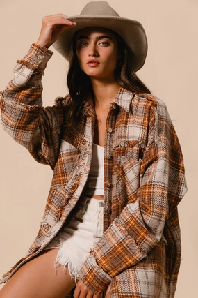 IT2524-01 | CHECKED WOVEN FRAYED DEGE DETAIL SHACKET Crisp Detail