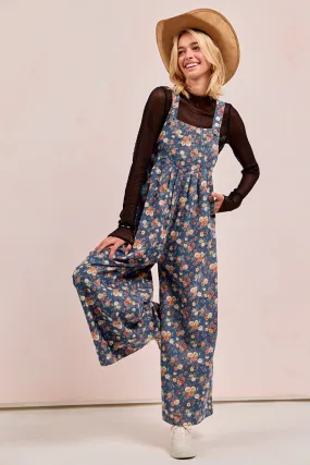 IB1130R-63 | WASHED FLORAL PRINT DENIM OVERALL WITH PLEATS Soft Support Active Lifestyle