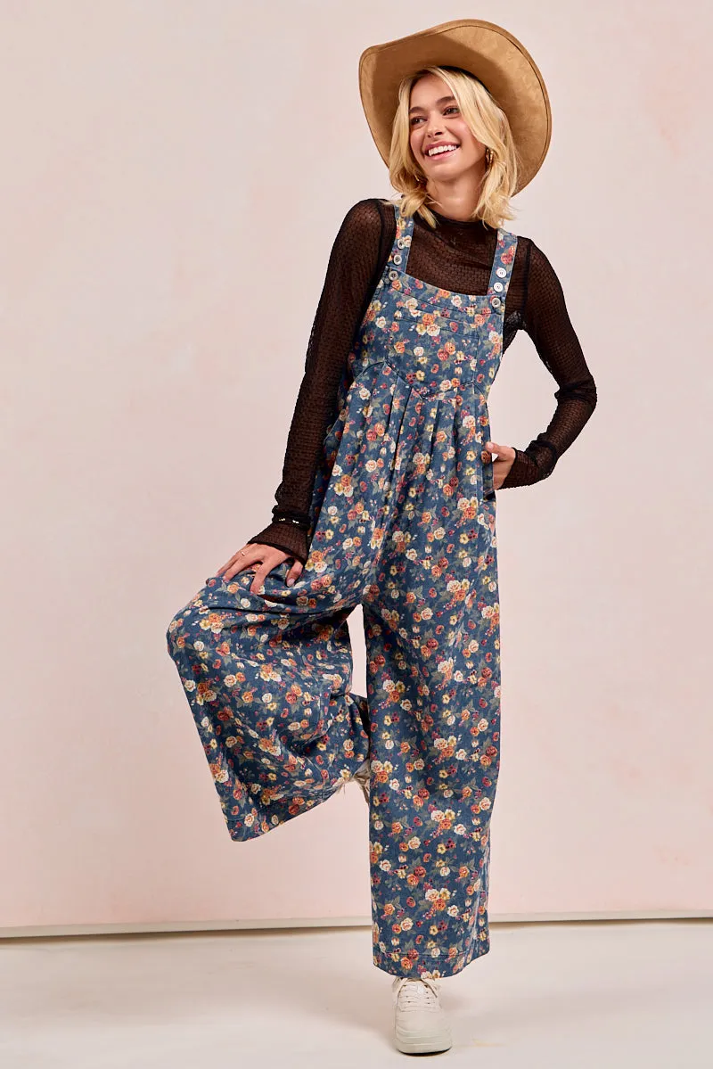 IB1130R-63 | WASHED FLORAL PRINT DENIM OVERALL WITH PLEATS Soft Support Active Lifestyle