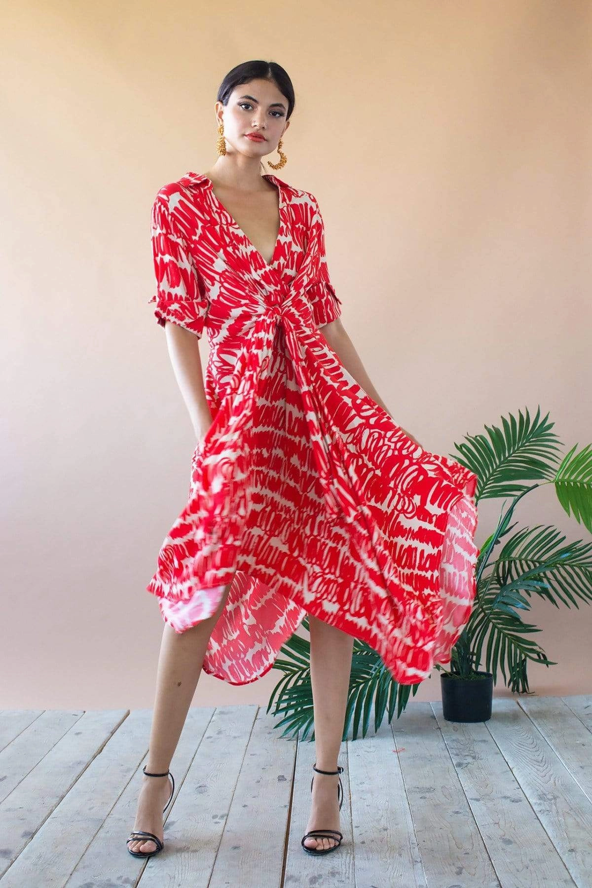 Versatile Clothing Sophia Asymmetric Hem Midi Dress - Red Script