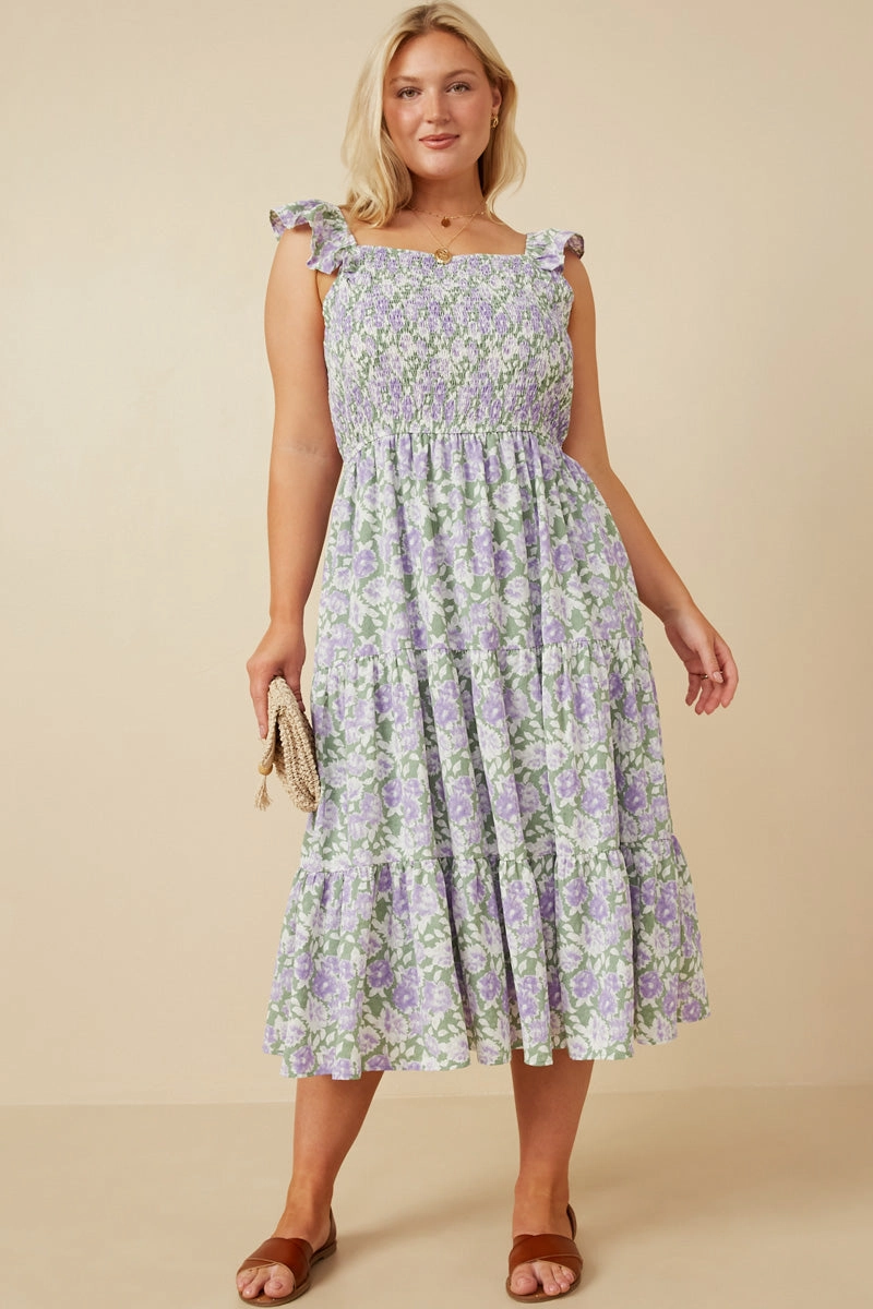 Floral Ruffle Strap Ribbon Back Smocked Dress Relaxed Vibe Magnetic-Closure