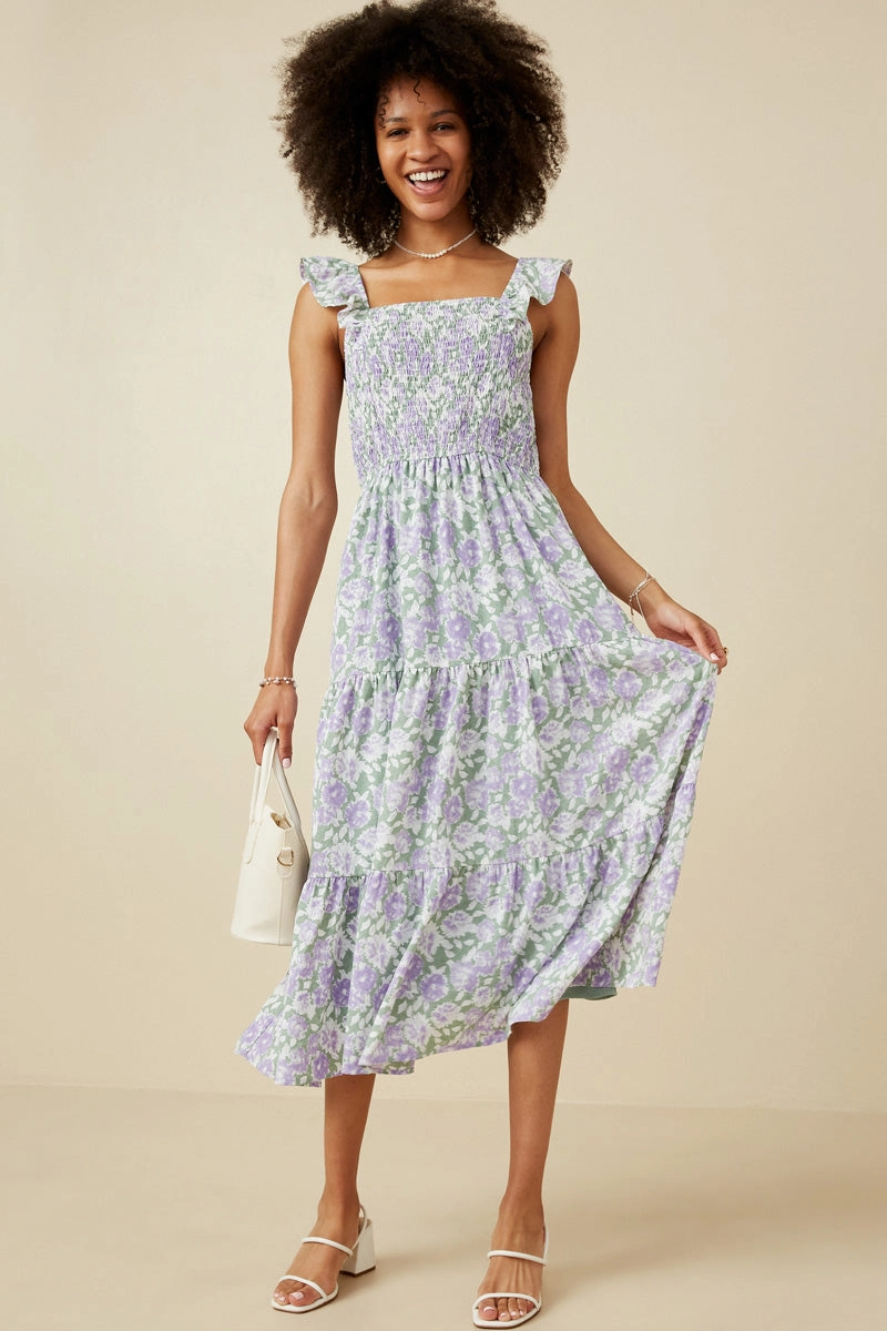 Timeless Touch Floral Ruffle Strap Ribbon Back Smocked Dress