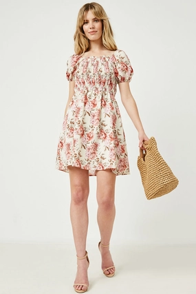 Style Base Floral Puff Sleeve Mix Smocked Mini Dress