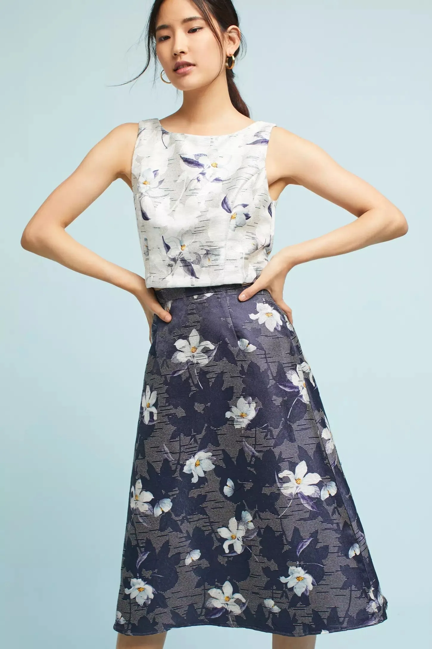 Celebrity Style Polka Dot Jacquard Floral MIdi Skirt