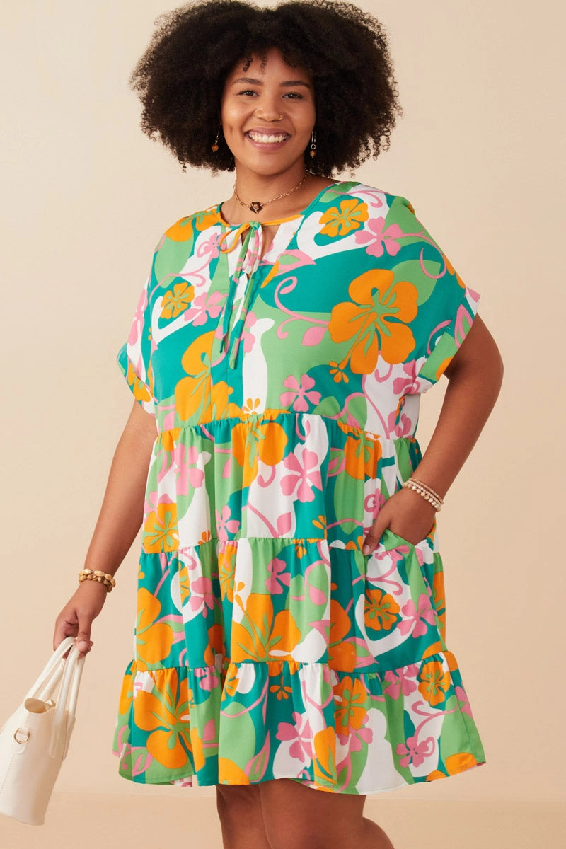Vibrant Floral Print Tie Detail Tiered Dress Clean Style Morning Wear