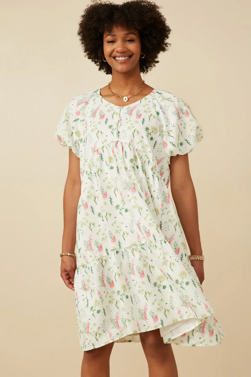 Vacation Vibe Chic Vibe Textured Floral Button Detail Bubble Sleeve Dress