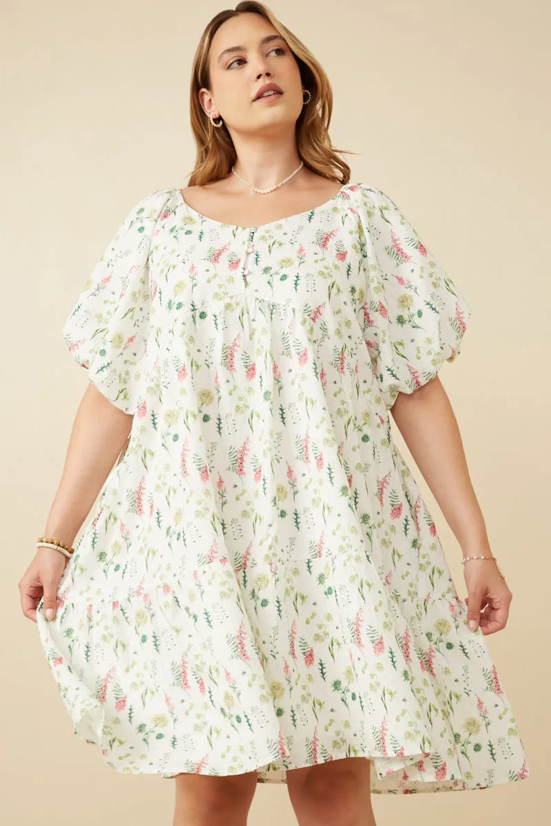 Textured Floral Button Detail Bubble Sleeve Dress Travel piece Flow Ready