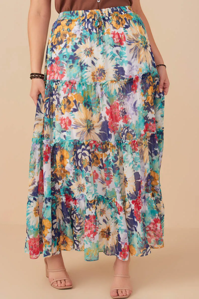 Vivid Floral Tiered Chiffon Maxi Skirt Functional Fit
