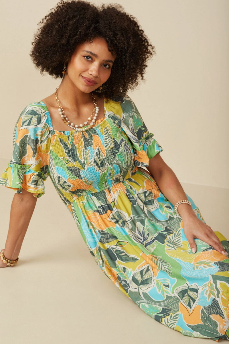 Modern Staple Textured Surface Vivid Botanical Print Smocked Square Neck Dress