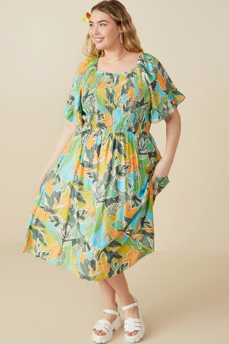 Vivid Botanical Print Smocked Square Neck Dress Cool Palette V Neckline