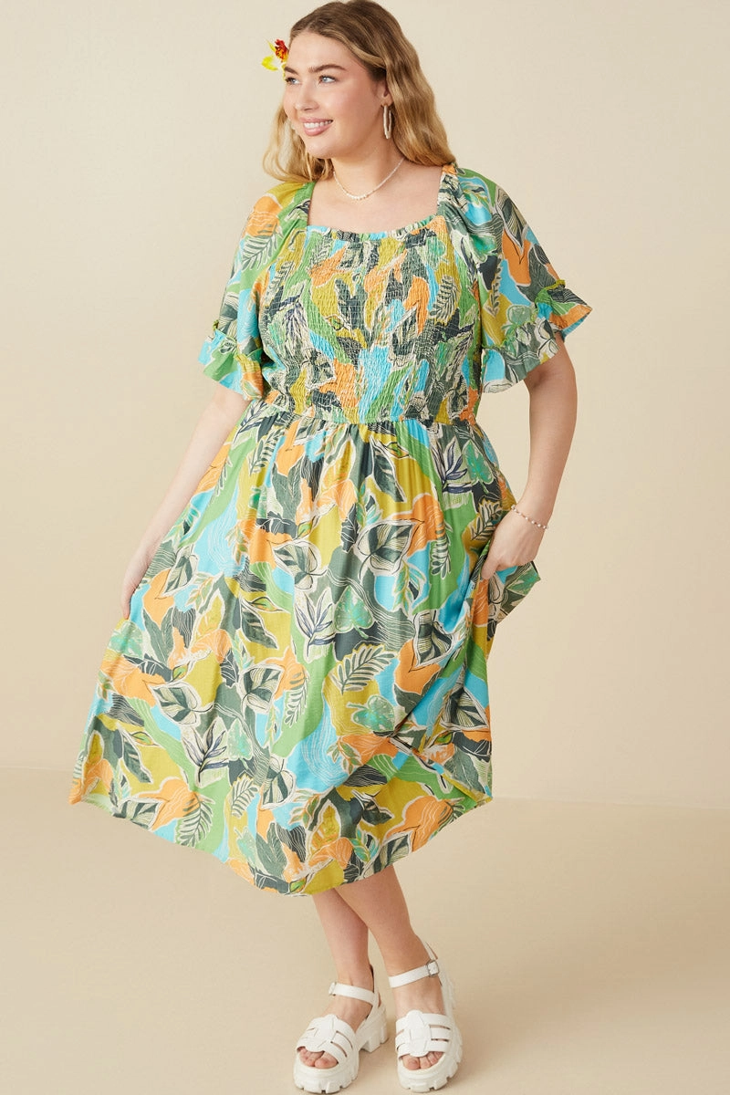 Fitted Style Flare Hem Vivid Botanical Print Smocked Square Neck Dress