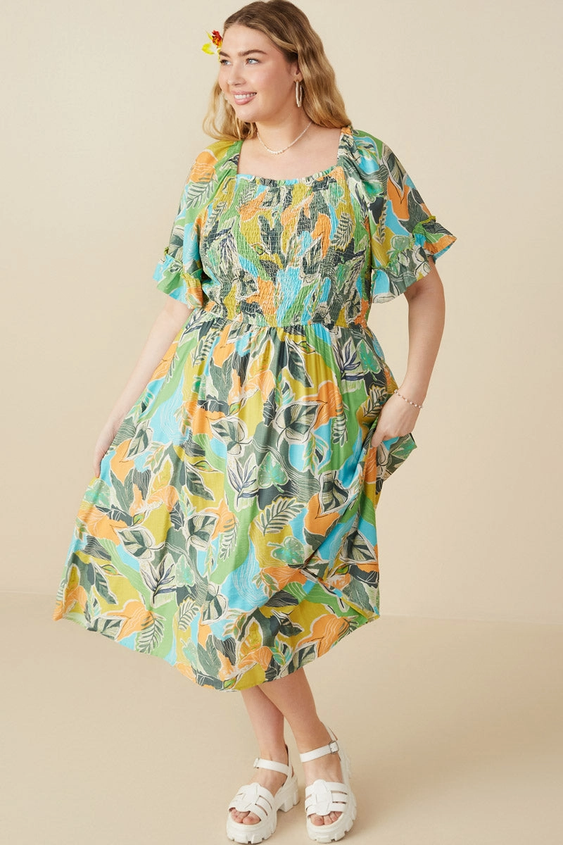 Vivid Botanical Print Smocked Square Neck Dress Travel Friendly
