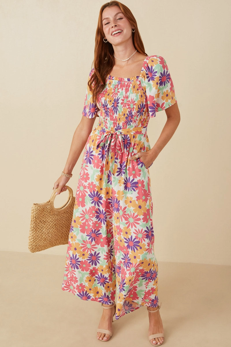 Vivid Floral Self Belt Smocked Jumpsuit Casual Core Edgy-Look