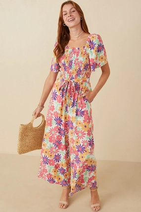 Vivid Floral Self Belt Smocked Jumpsuit Back-Zip