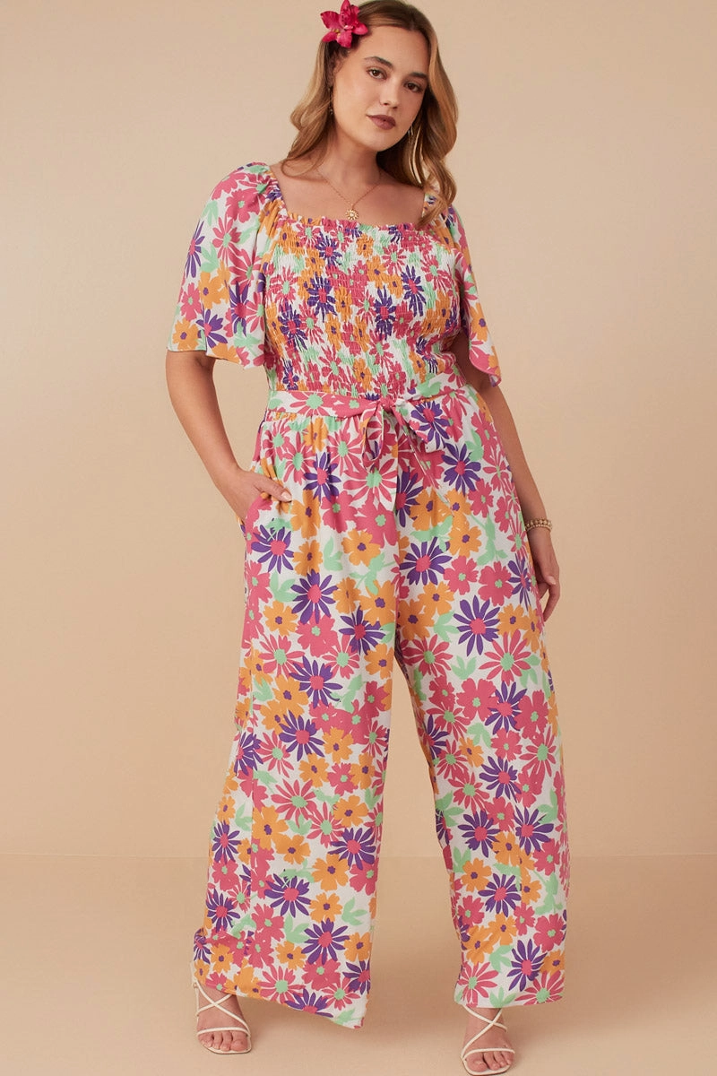 Vivid Floral Self Belt Smocked Jumpsuit Garden-Party Patterned-Fabric