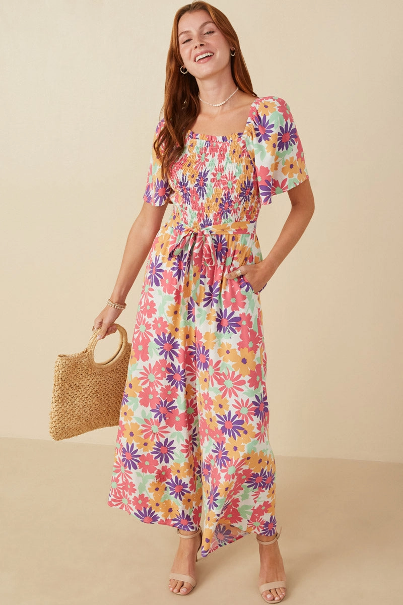 Vivid Floral Self Belt Smocked Jumpsuit Embroidered-Detail