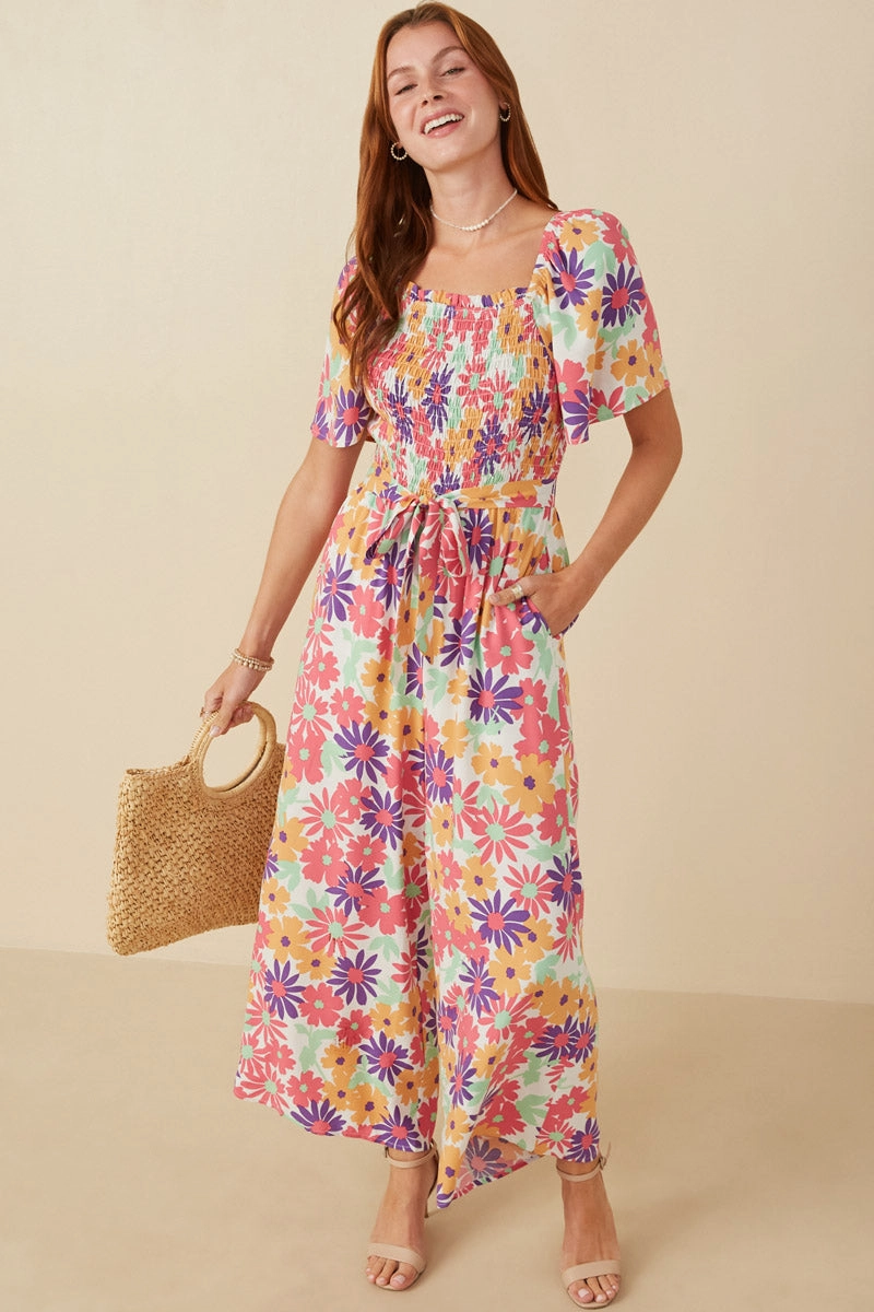 Vivid Floral Self Belt Smocked Jumpsuit Back-Zip