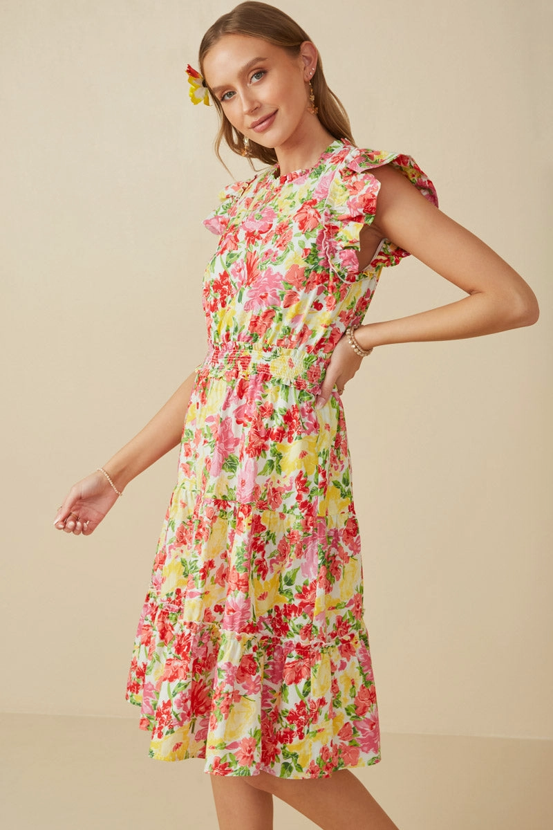 Style Edge Vivid Floral Smock Waist Exaggerated Ruffle Dress