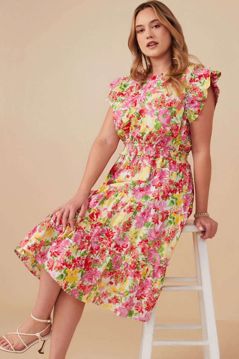 Vivid Floral Smock Waist Exaggerated Ruffle Dress Subtle Drape Smart Flow