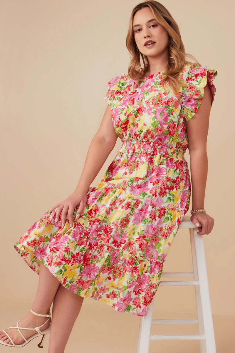 Vivid Floral Smock Waist Exaggerated Ruffle Dress Easy-to-style casual dress