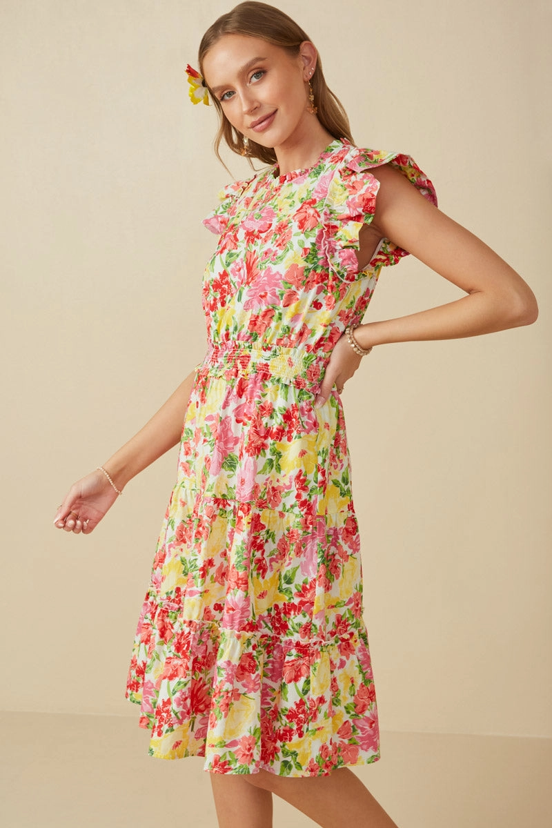 Daily Ease Vivid Floral Smock Waist Exaggerated Ruffle Dress