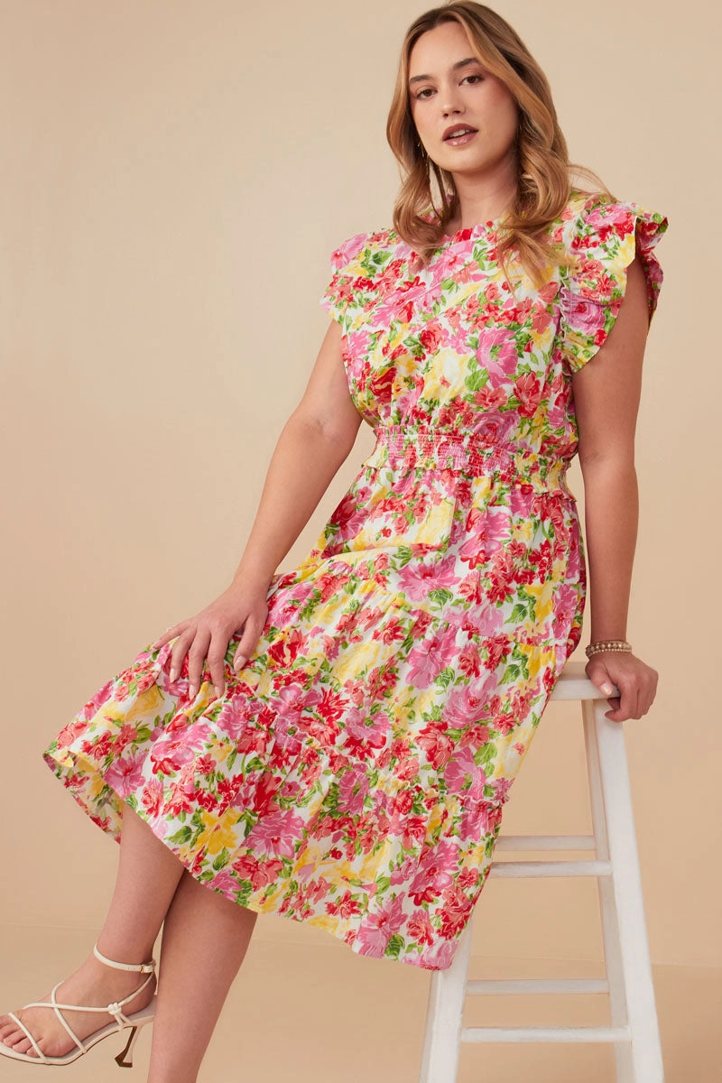 Vivid Floral Smock Waist Exaggerated Ruffle Dress Smooth Shape