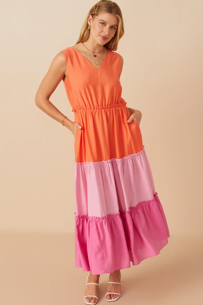 Vivid Tiered Color Block Tank Dress Wrap style Everyday Piece