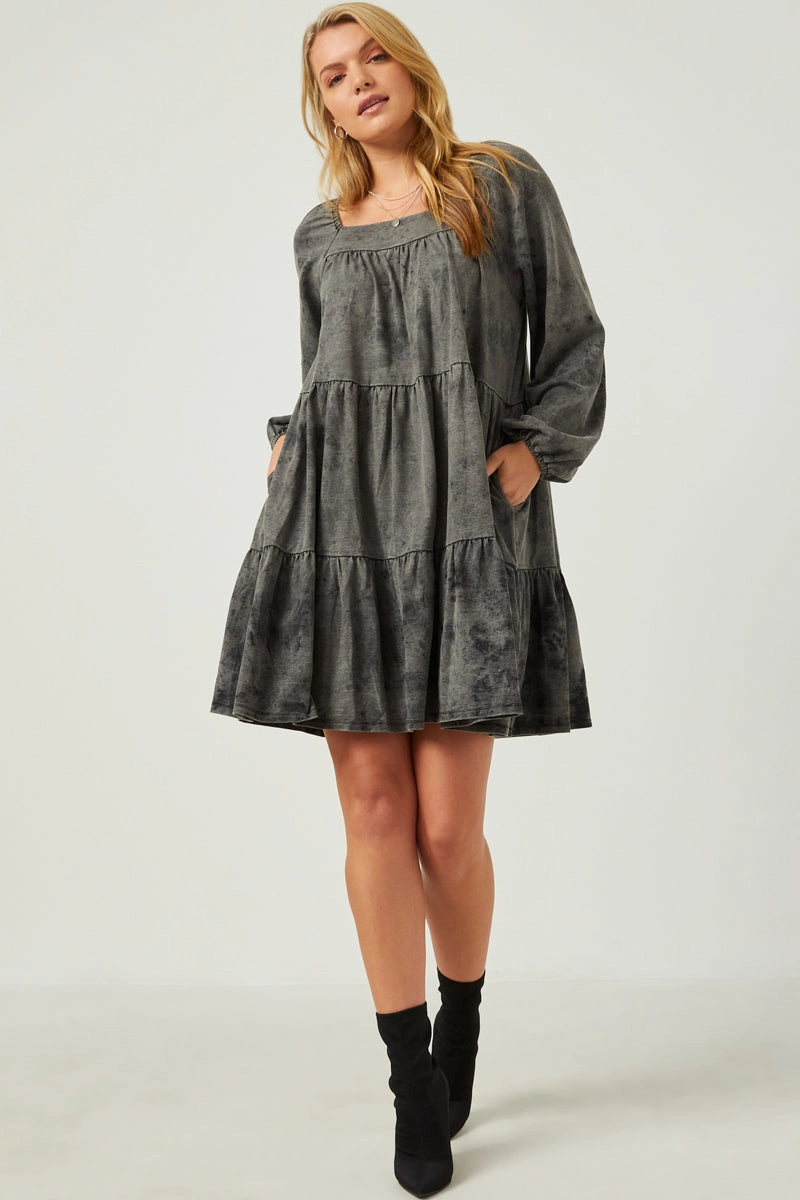 Long Sleeve Tiered Garment Washed Dress Curvy Glam Autumn Mood