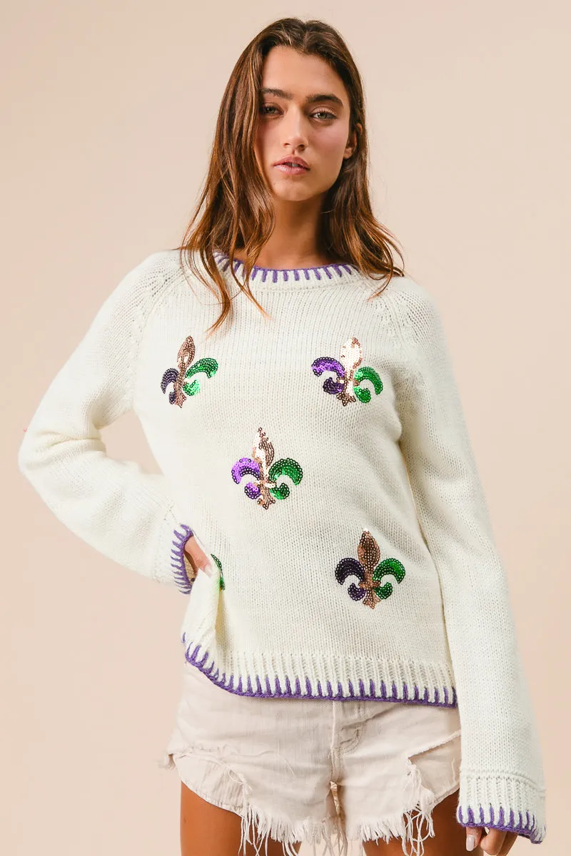 Timeless Fit Rugged Comfort IT3101-01 | STITCH DETAIL SEQUIN EMBROIDERY MARDI GRAS SWEATER