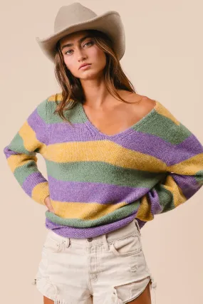 Warm Layer Option Weather Ready IT3153-01 | V-NECK MARDI GRAS STRIPES SWEATER