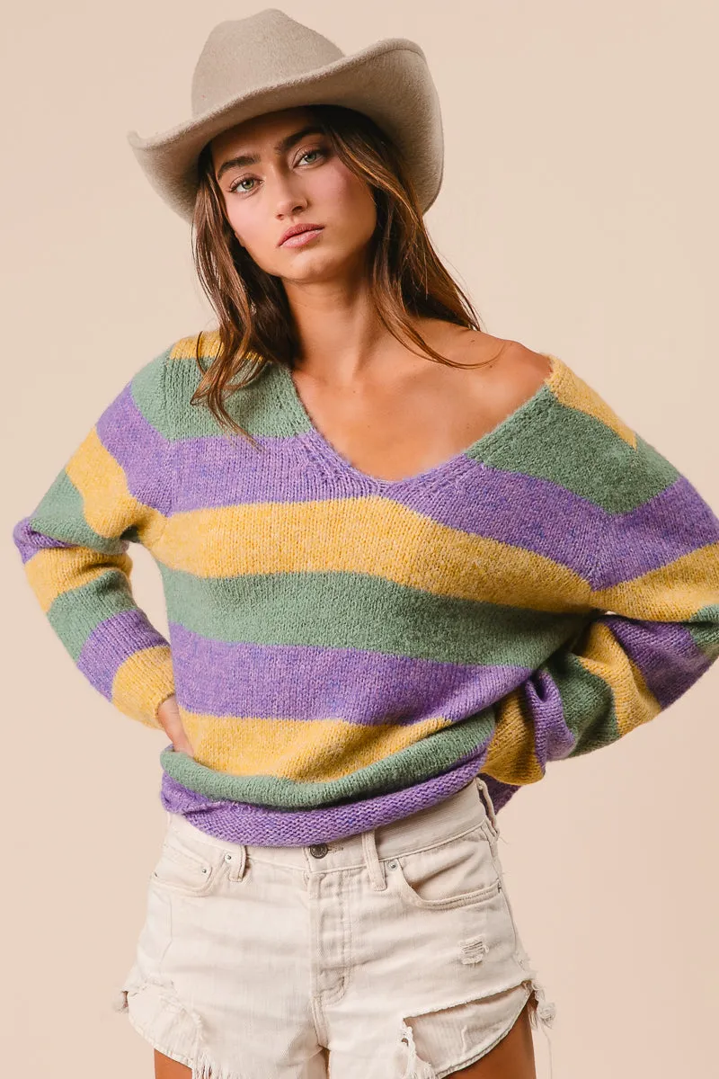 Warm Layer Option Weather Ready IT3153-01 | V-NECK MARDI GRAS STRIPES SWEATER