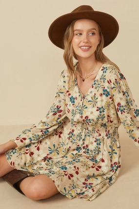One Piece Look Cozy Texture Floral Print Button Up V Neck Smock Detail Dress