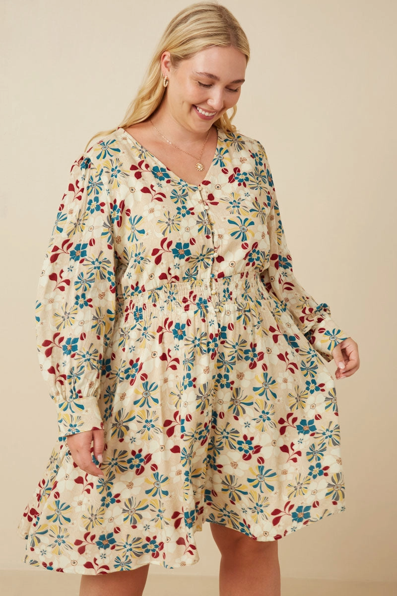Floral Print Button Up V Neck Smock Detail Dress Bright-colored piece