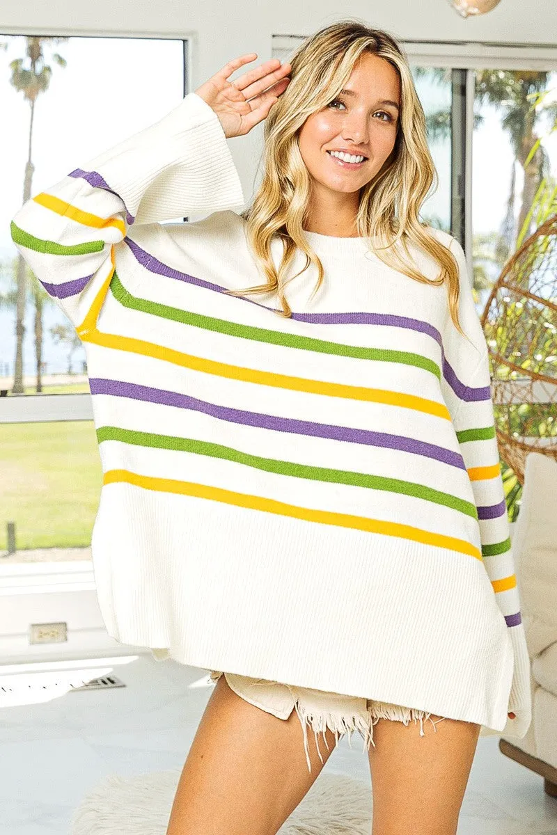 IP8621-02 | RIBBED HEM MARDI GRAS STRIPE SWEATER Plaid Design