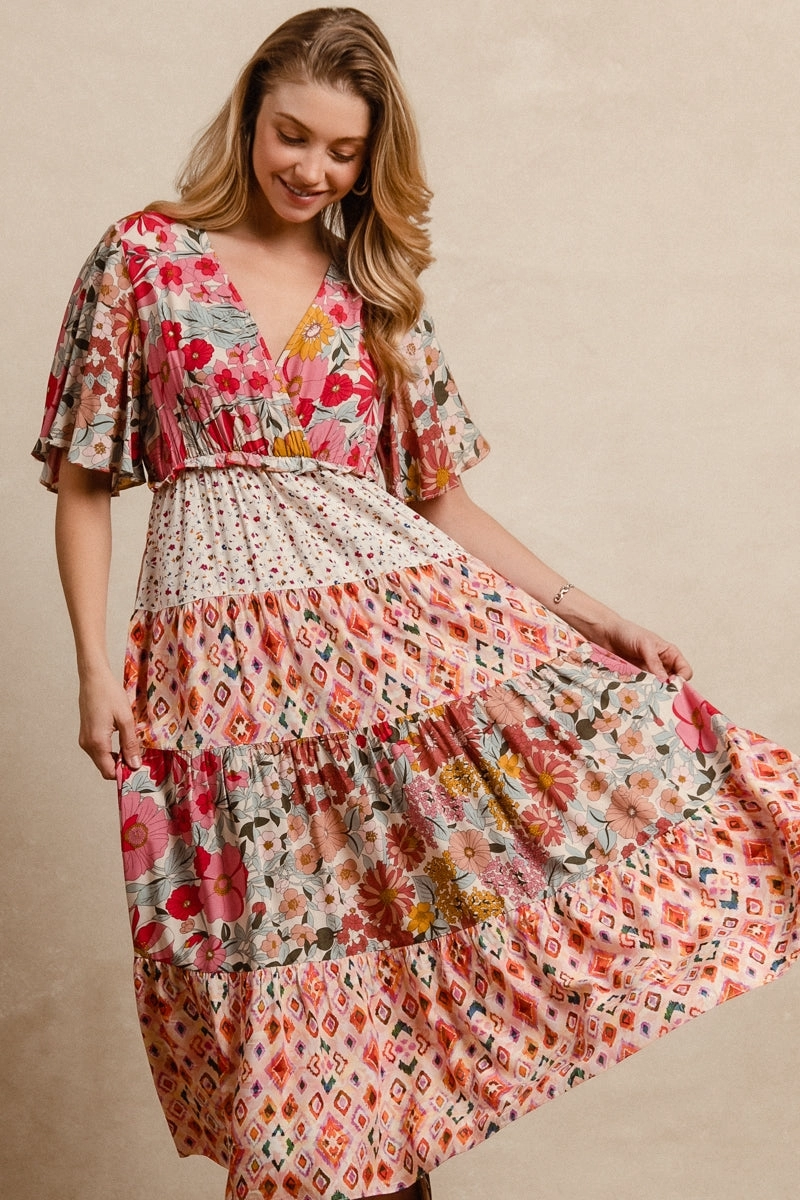 ID1872R-01P | FLORAL PRINT MIX AND MATCH MIDI DRESS WITH WAIST ELASTIC Winter Layers 3-In-1 Set
