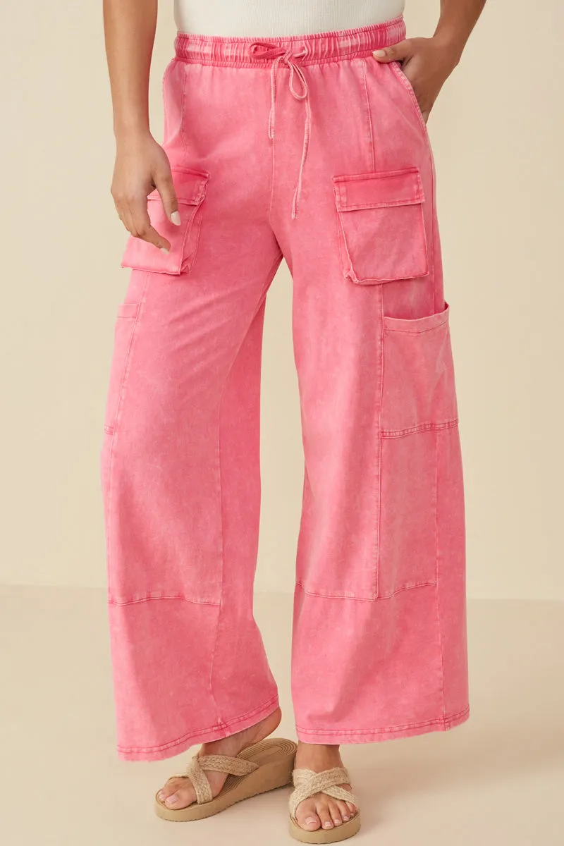 wrinkle free High-waisted fit Washed Cargo Pocket Detail Wide Leg Knit Pants