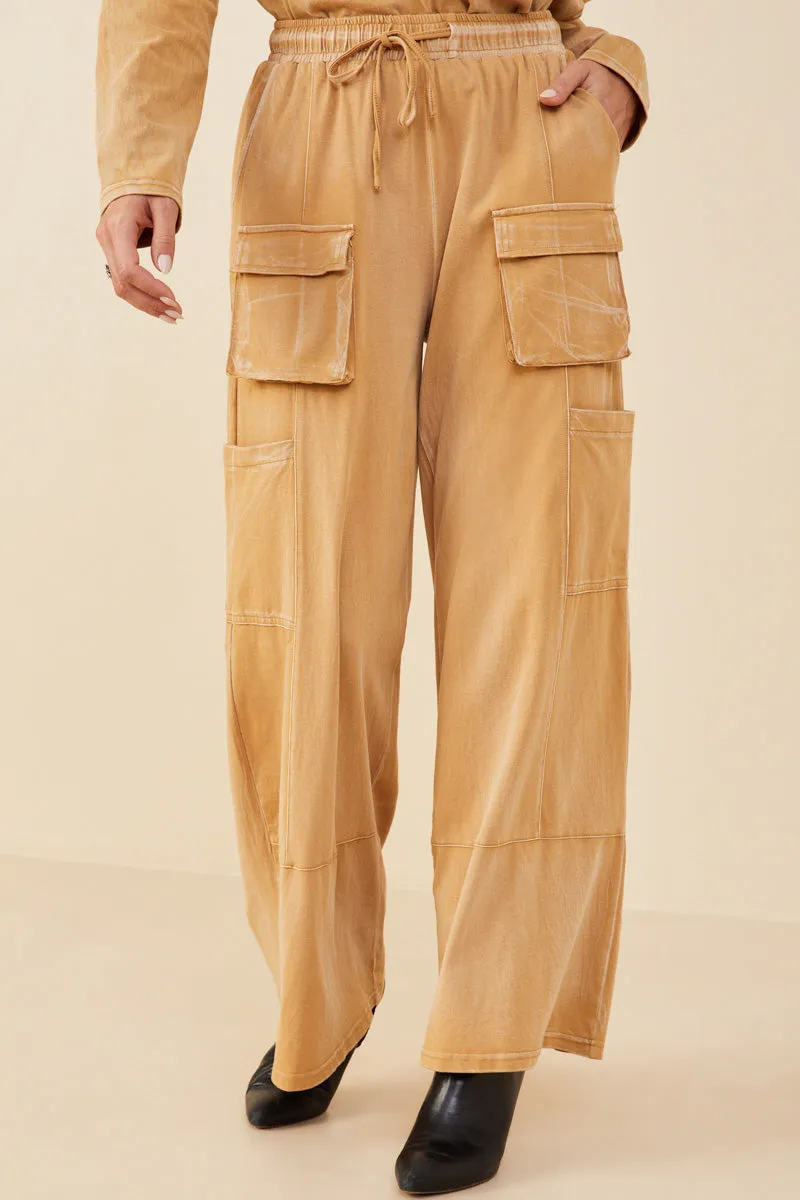 Casual Comfort Washed Cargo Pocket Detail Wide Leg Knit Pants