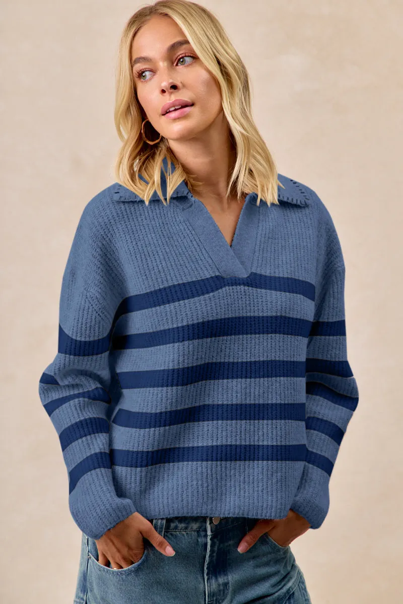 IT4580-01 | STRIPED SWEATER TOP WITH COLLAR STITCHED DETAILS Sleek Outer Long Length