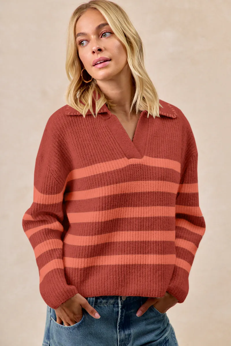 Water Repellent Finish Durable Chill Piece IT4580-01 | STRIPED SWEATER TOP WITH COLLAR STITCHED DETAILS
