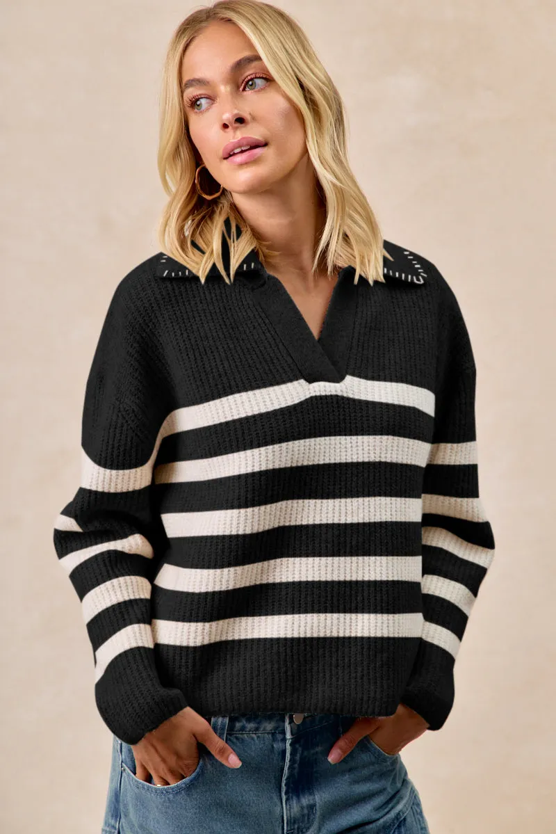 IT4580-01 | STRIPED SWEATER TOP WITH COLLAR STITCHED DETAILS Many Pockets Checkered Style