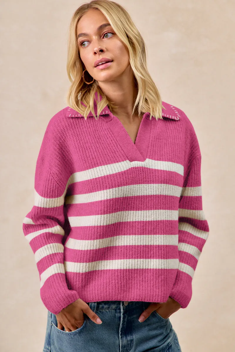 Weekend Casual Fit IT4580-01 | STRIPED SWEATER TOP WITH COLLAR STITCHED DETAILS