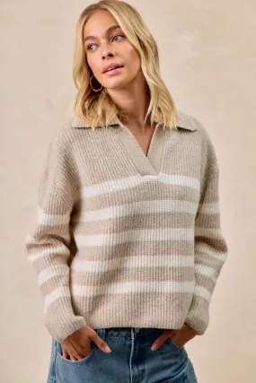 Weekend Chill Style IT4580-01 | STRIPED SWEATER TOP WITH COLLAR STITCHED DETAILS