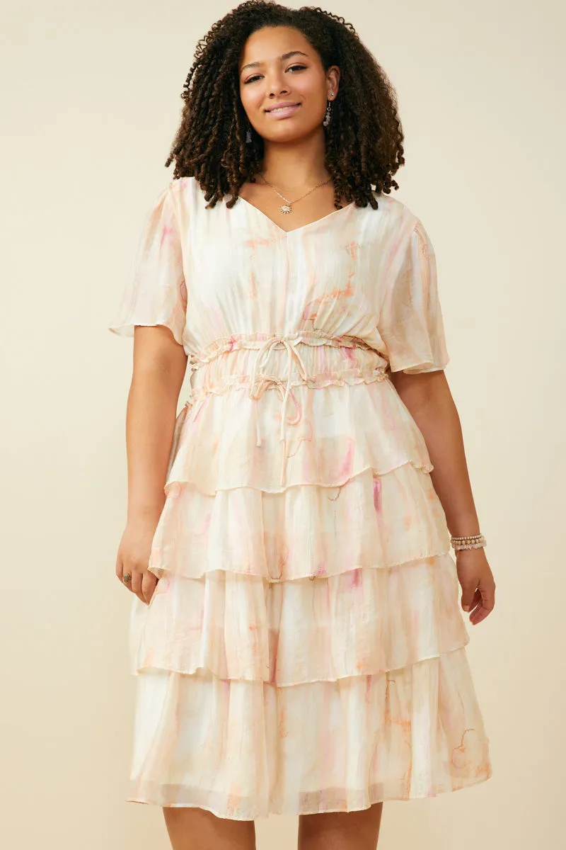 Watercolor Print Tiered Cinch Waist Dress Shade Glow