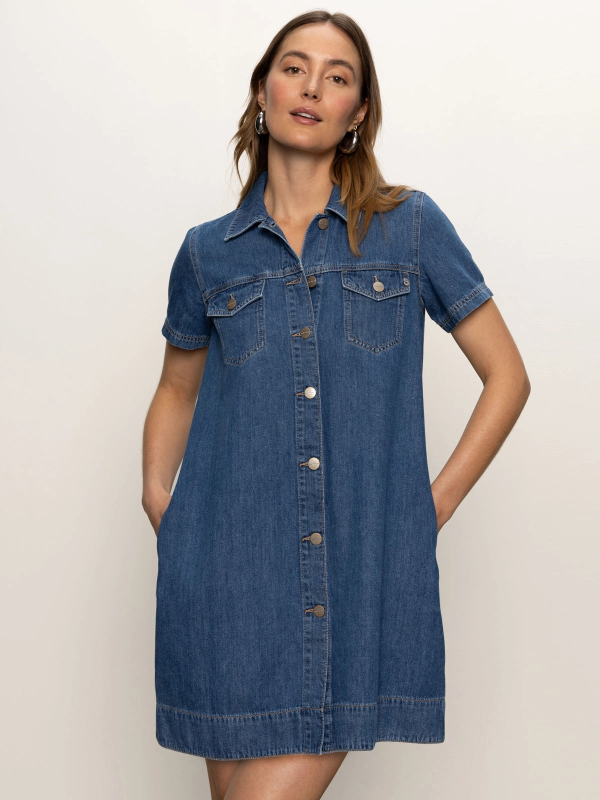 Textured Surface Street Motion Denim Shiftdress Medium Wash