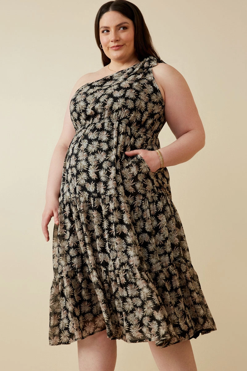 Cozy Flex Pink Glow Floral Print One Shoulder Tiered Dress