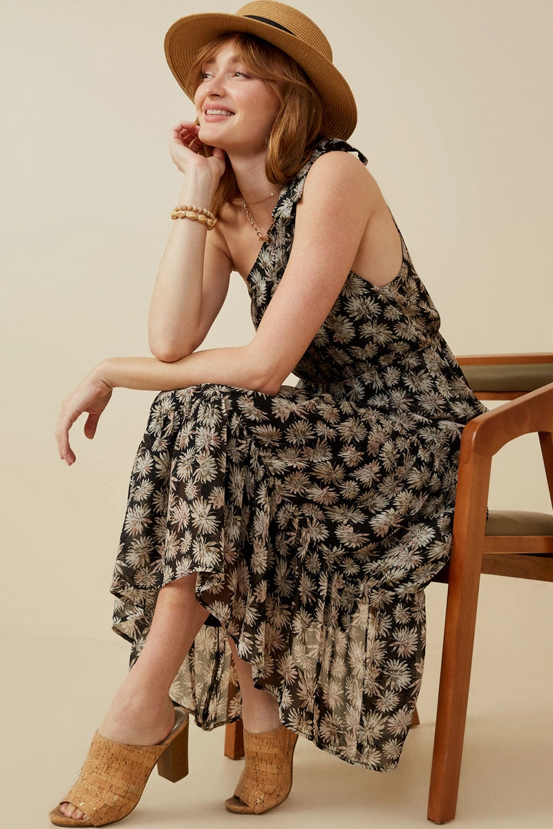 Relax Tones Floral Print One Shoulder Tiered Dress